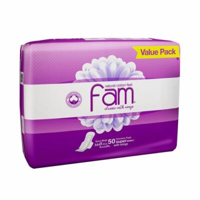Fam - Classic With Wing Natural Cotton Feel,Maxi Thick, Super Sanitary Pads - 50 Pads