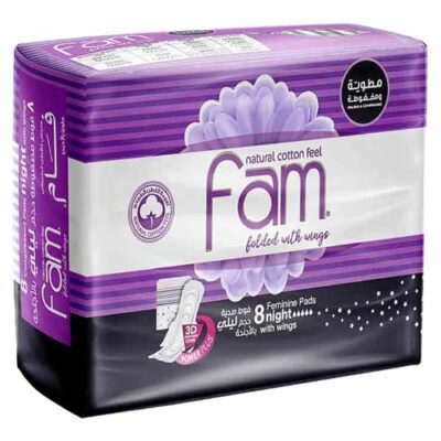 Fam - Natural Cotton Feel,Maxi Thick, Folded With Wings, Night Sanitary Pads - 8 Pads